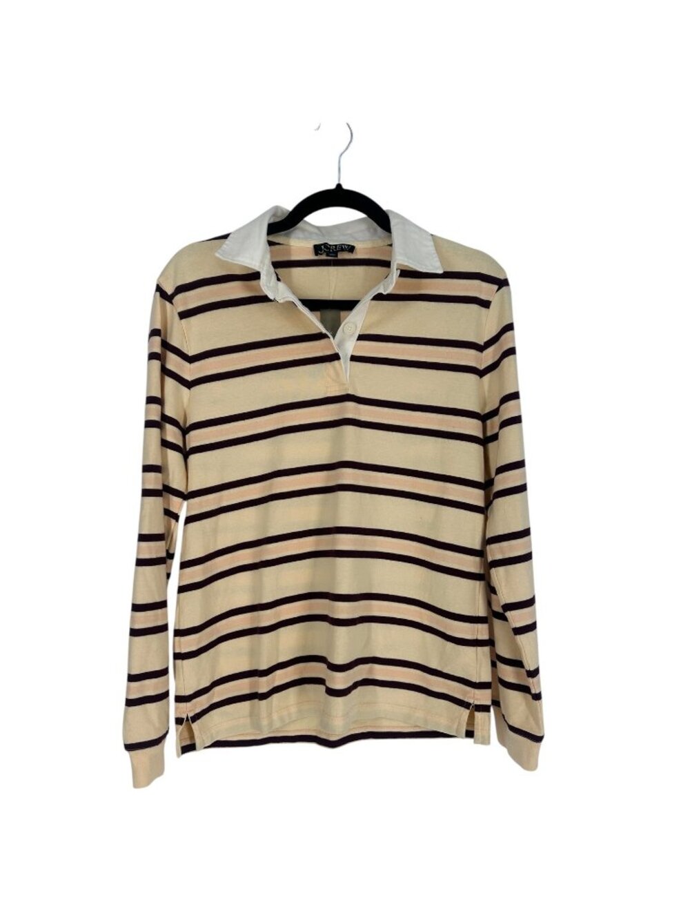 J Crew Rugby Polo Shirt Small Cream Burgundy Striped Long Sleeve Cotton Preppy